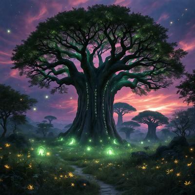 The primary subject of the image is a large tree with a glowing green light surrounding it. The tree is located in a forest, surrounded by other trees. The visual style of the image is a digital art, creating a surreal and magical atmosphere. The colors and mood of the image are predominantly green, with the glowing light adding a sense of wonder and enchantment to the scene.